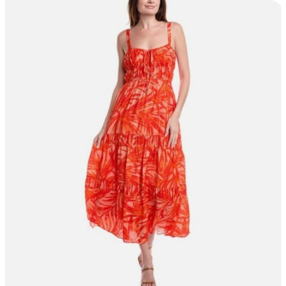 TAYLOR Women's‎ Orange Tropical Palm Leaf Print Tiered Maxi Dress Med Resortcore